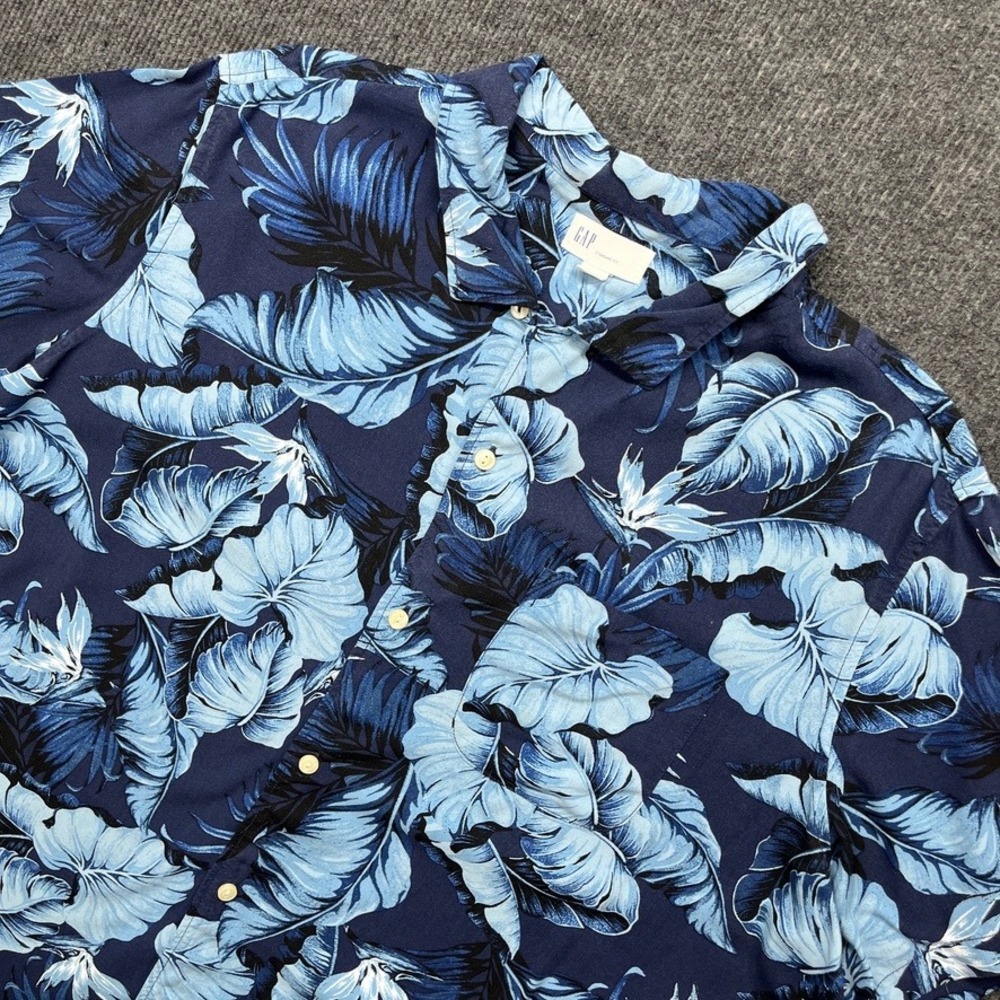GAP Mens‎ Large Blue Tropical Leaf Rayon Short Sleeve Camp Shirt Summer Boho L